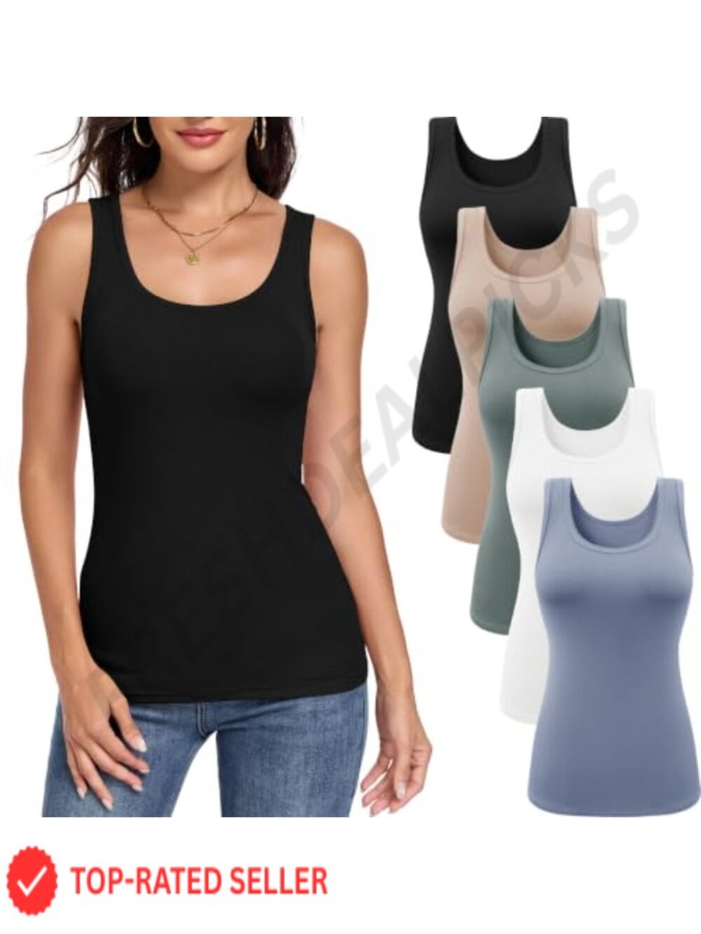 Womens 5 Pack Tank Tops Scoop Neck Sleeveless Rayon Spandex Slim Fit Basic